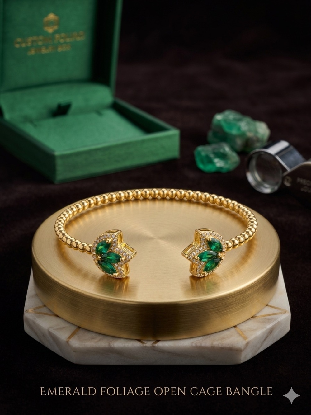 14k Gold - Filled Emerald Foliage Open Cage Bangle